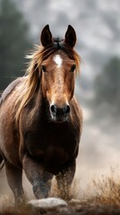 Obraz premium Majestic horse in a serene natural landscape during a calm morning near a forested area