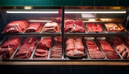 meat display case in butcher shop with various cuts of beef pork and poultry