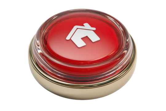 Red push button with house icon for emergency alert systems, cut out