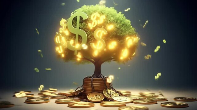 Conceptual illustration of a money tree growing on a pile of golden coins symbolizing financial growth and wealth investment