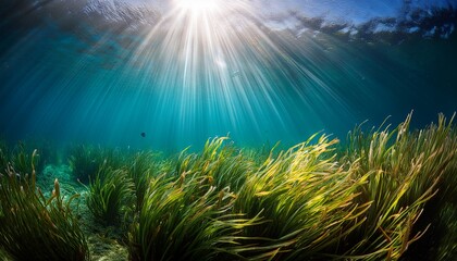 Naklejka premium sunbeams illuminating seagrass in tranquil underwater landscape