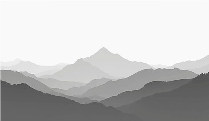  a minimalist vector illustration of layered mountain ranges in grayscale. The design should feature soft gradients and overlapping silhouettes to convey depth, with the closest mountains 