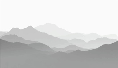  a minimalist vector illustration of layered mountain ranges in grayscale. The design should feature soft gradients and overlapping silhouettes to convey depth, with the closest mountains 