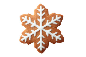 Festive snowflake-shaped gingerbread cookie with white icing on black background, cut out