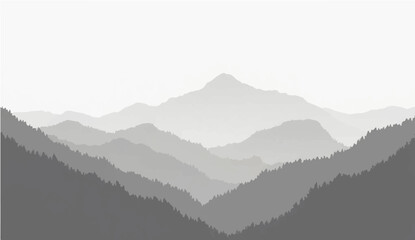  a minimalist vector illustration of layered mountain ranges in grayscale. The design should feature soft gradients and overlapping silhouettes to convey depth, with the closest mountains 