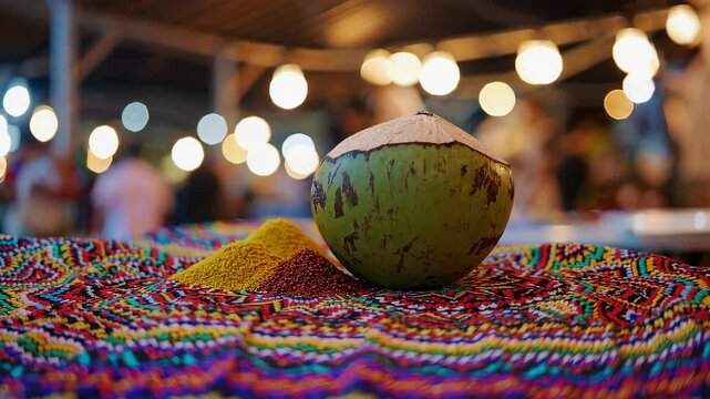 Vibrant market scene: fresh coconut and spices on colorful mexican blanket under ambient lighting