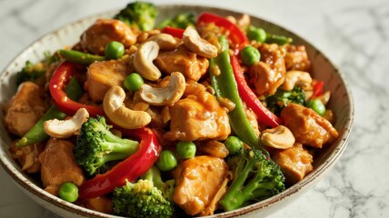 Fototapeta premium Homemade roast with chicken pieces covered with spicy sauce. Bell peppers, peas and broccoli are added to the dish. Lightly toasted cashews are sprinkled on top.