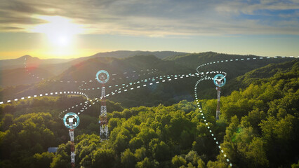 Three telecommunication towers connected by 3D graphic lines, representing signal connectivity and 5G mobility