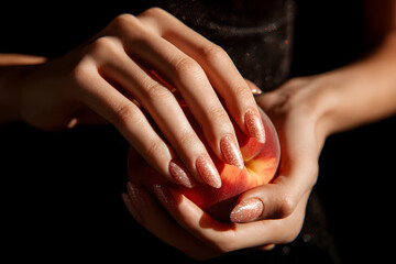 Delicate hands gently cradle a peach, adorned with glossy peach nails, evoking warmth and elegance.