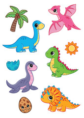 Cute baby dinosaurs. Marine, predatory, herbivorous and flying dinosaurs, dinosaur eggs and palm tree. Vector illustration. © Mayartlab