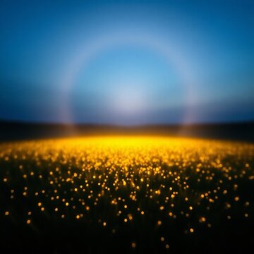 Halo de lumi&egrave;re jaune sur un fond bleu qui comporte des petites &eacute;toiles