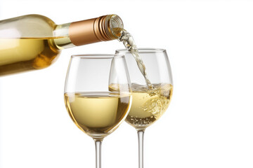 White wine being poured into a clear wine glass against a neutral white background