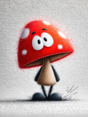 Cartoon mushroom character with a red cap, white spots, goofy face, stubby legs, and a sense of movement or posture Anthropomorphized with human-like features, expressive eyes, and a s - AI-Generated