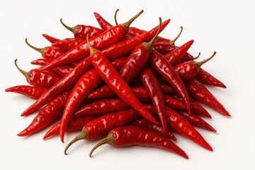 Vibrant pile of dried whole red chili peppers, ranging in color from bright red to deep crimson, with glossy skins, isolated on a stark white background, showcasing their fiery heat and culinary spice