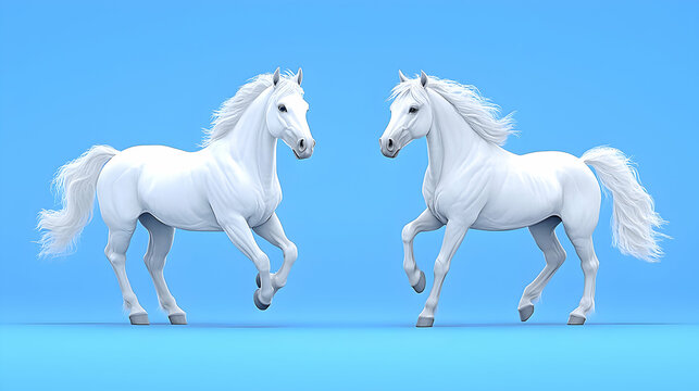 Two White Horses Running on Light Blue Background