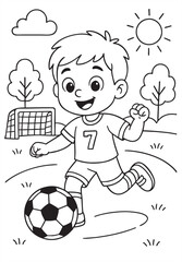 Cute cartoon boy playing soccer on a sunny day, wearing jersey number 7. Coloring book style line art illustration with football, goal, trees, clouds, and sun.