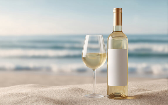 Bottle of white wine with a blank mockup label and wine glass set on the sand against a blue ocean backdrop
