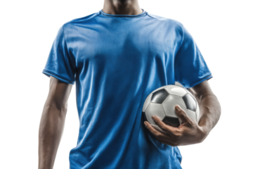 Young african male holding soccer ball in blue jersey isolated on black, cut out