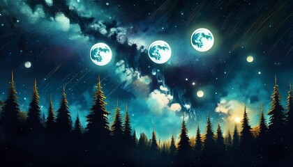 Naklejka premium multiple full moons illuminating a dark forest under a starry night sky