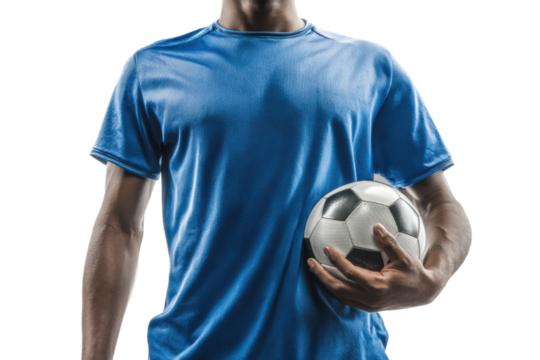 Young african male holding soccer ball in blue jersey isolated on black, cut out