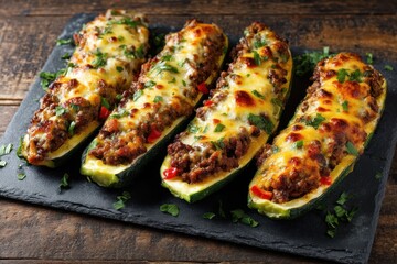 Gef&uuml;llte Zucchini Hackfleisch &Uuml;berbacken K&auml;se Low Carb Gem&uuml;segericht Ofengericht Herzhaft Gesund Abendessen Hausgemacht Rezeptidee Mediterran Deftig Hauptspeise Lecker