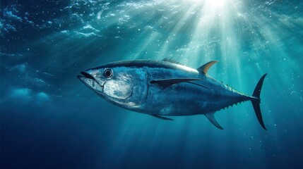 Fototapeta premium A large bluefin tuna glides gracefully through the clear waters of the ocean, illuminated by beams of sunlight penetrating the surface. The scene captures the tranquility of marine life