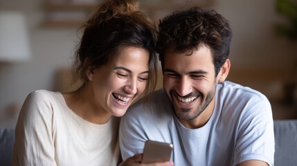 Fototapeta premium Joyful couple sharing a moment while looking at a smartphone in a cozy setting.