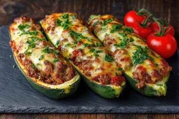 Gefüllte Zucchini Hackfleisch Überbacken Käse Low Carb Gemüsegericht Ofengericht Herzhaft Gesund Abendessen Hausgemacht Rezeptidee Mediterran Deftig Hauptspeise Lecker