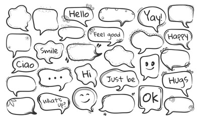 Set of hand drawn speech bubbles with decorative elements and positive messages. Doodle style comic chat balloons in black outline for stickers, notebooks, posters, or social media design.