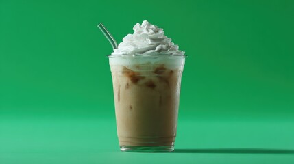 Refreshing iced coffee topped with whipped cream and a straw on a vibrant green background.