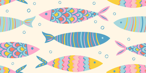 Colorful decorative fish and bubbles seamless pattern on light background for kids ocean theme or textile print vector illustration