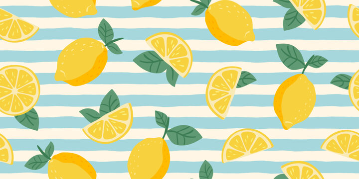 Fresh yellow lemons whole and slices with green leaves seamless pattern on blue and white striped background for summer kitchen decor vector illustration
