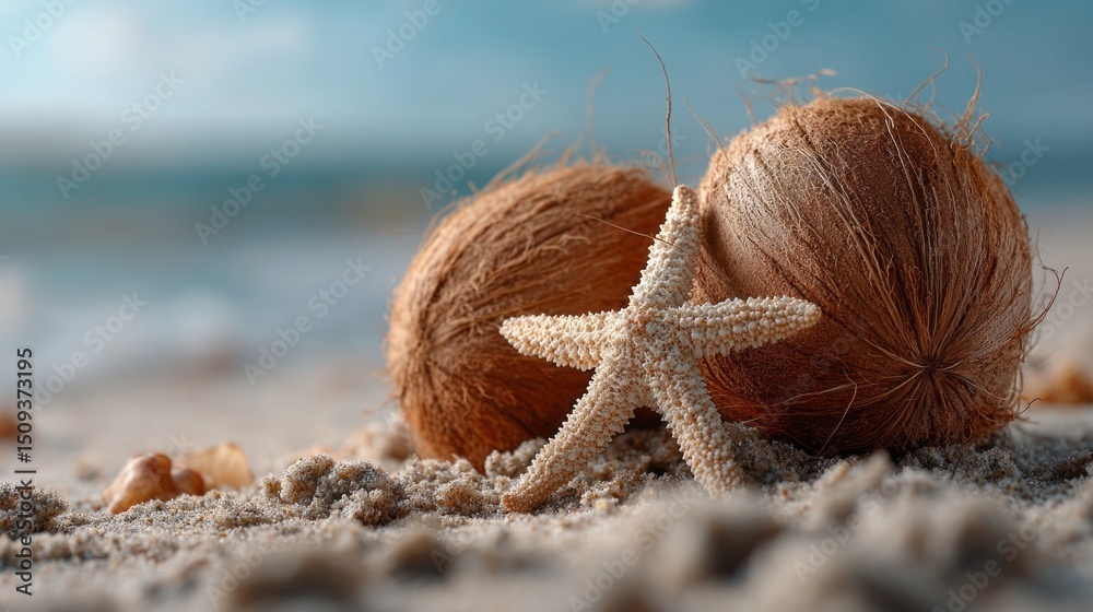 Poster coconuts and a starfish are placed on a sandy beach, with gentle waves in the background. the scene 