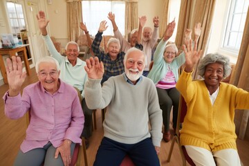 Group of elderly residents sitting in chairs inside communal room, waving and smiling cheerfully, creating a joyful atmosphere. Demonstrating positive and engaging social interaction