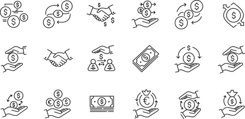 Business marketing icon set. Containing agreement, donation, handshake, partnership, money, social media, megaphone, sponsor, purchase, Vector