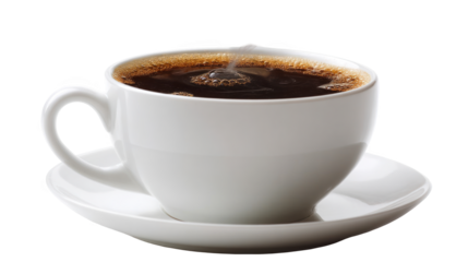 White ceramic coffee cup filled with steaming black coffee, resting on a matching saucer, set against a transparent background, perfect for adding a touch of warmth to any design