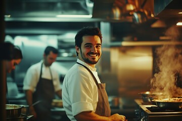 Chef smiling while preparing dish in professional kitchen setting with colleagues working in background. Stainless steel appliances and steam creating dynamic cooking environment