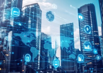 A digital map of the world with global network connections and financial icons, business buildings in the background, a blue color theme, and white accents Generative AI