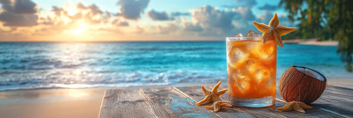 Coconut cocktail with ice cubes on the beach at sunset.
