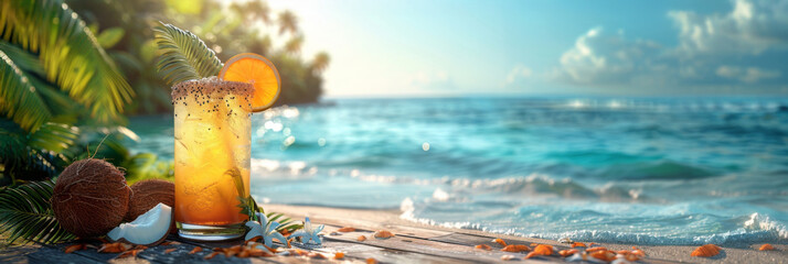 Coconut cocktail with ice cubes on the beach at sunset.
