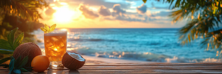 Coconut cocktail with ice cubes on the beach at sunset.
