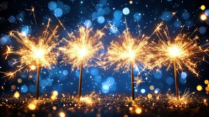 Sparkling sparklers against a vibrant blue bokeh background