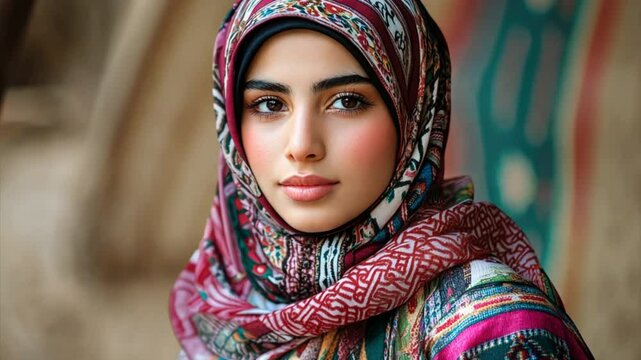 Young beautiful Syrian woman wearing colourful hijab. Arabic Muslim lady in traditional clothes