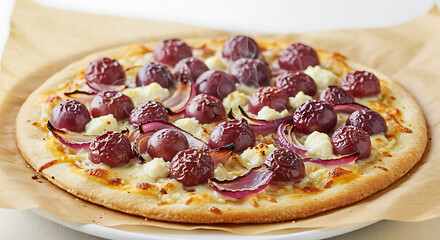 A delicious pizza topped with grapes, cheese, and red onions.