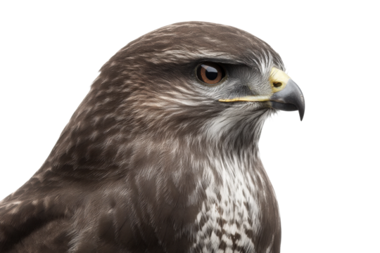 Detailed close-up of a majestic hawk with sharp features and intense gaze, cut out