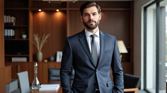 Video of a handsome Saudi young man from the upper class smiling and looking at the camera, wearing a formal suit and standing inside his office