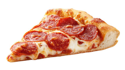 Close-up view of a single slice of delicious pepperoni pizza on a black background.