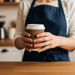 Professional hands holding a steaming paper coffee cup with visible shirt sleeves and apron strings