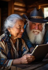 Smiling senior couple using a digital tablet together in a rustic wooden cabin, combining tradition and technology