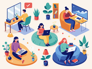 Modern Remote Work Lifestyle Depicted with Relaxed Individuals in Comfortable Indoor Spaces